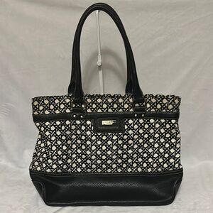 Kate Spade Black Cream Pattern Canvas Leather Tote Bag